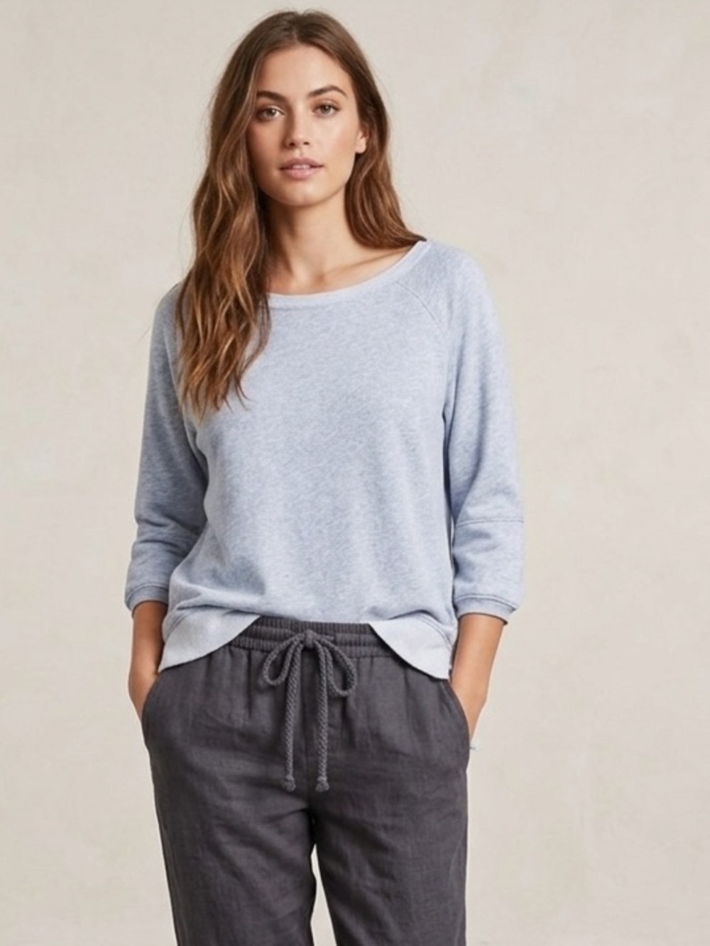 Soft Surroundings Gray French Terry Sweatshirt Boat Neck 3/4 Sleeve Small